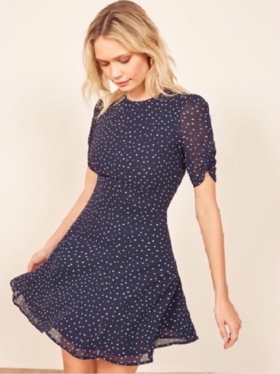 Reformation Dresses & Skirts - Reformation Gracie Navy Mini Dress with White Polka Dots